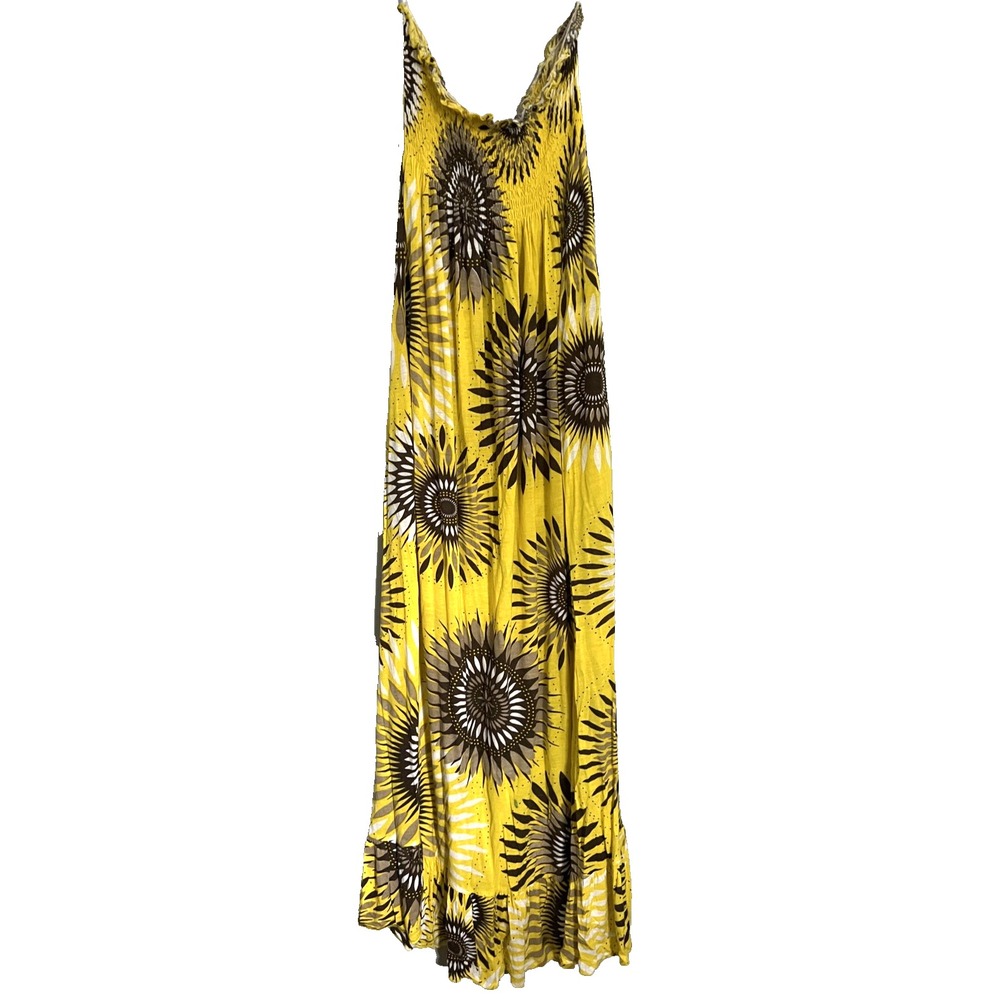 Voila Maxi Dress Women L Yellow Brown Sunburst Print Smocked Boho Viscose Ruffle